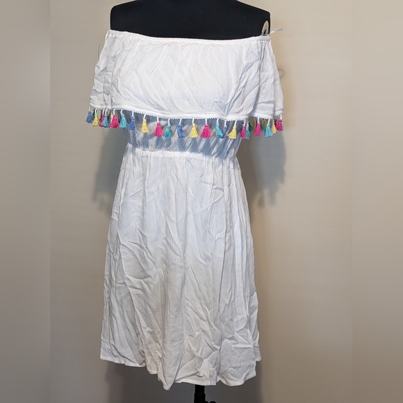 NWT Tassel Off The Shoulder Mini Dress - White - Picture 4 of 5